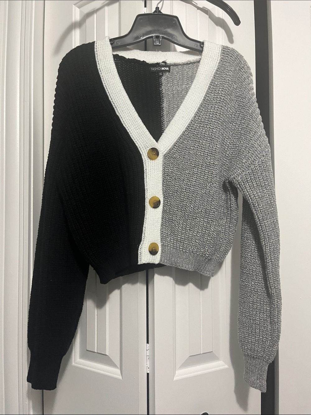 Fashion Nova Colorblock V-Neck Button Cardigan - Black, Gray & White Trim